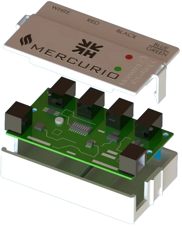 Vue éclatée d’un module électronique Mercurio : boîtier blanc, carte verte à connecteurs et couvercle avec voyants LED